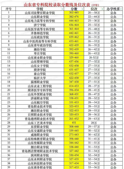 2024年山东职业学院在山东全部专业录取位次、分数线