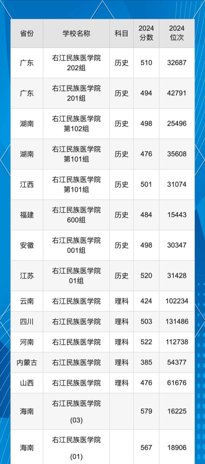 右江民族医学院2024年在四川各专业录取分数线