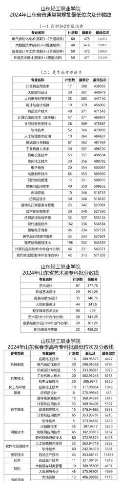 山东轻工职业学院2024年各省录取分数线