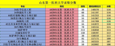 山东第一医科大学2024年在山东录取分数线、对应位次