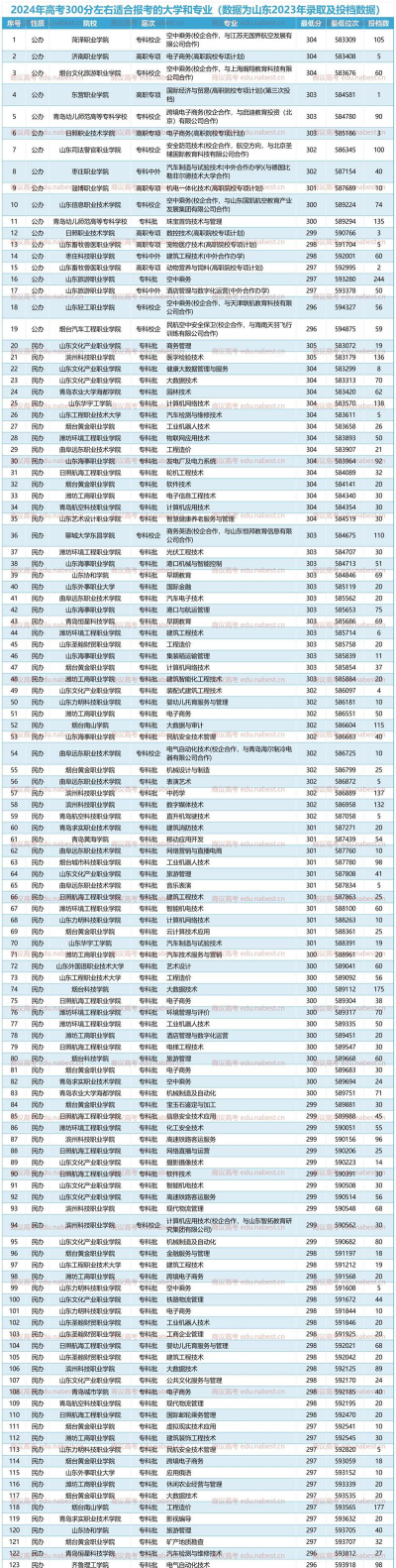 2024年山东300分能报的大学有哪些