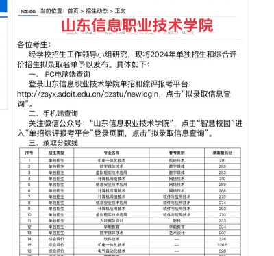 2024山东信息职业技术学院在山西录取分数线