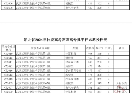武汉工程职业技术学院2024年在安徽录取分数线、对应位次