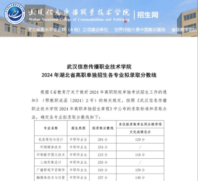 武汉信息传播职业技术学院录取分数线2024年多少分?