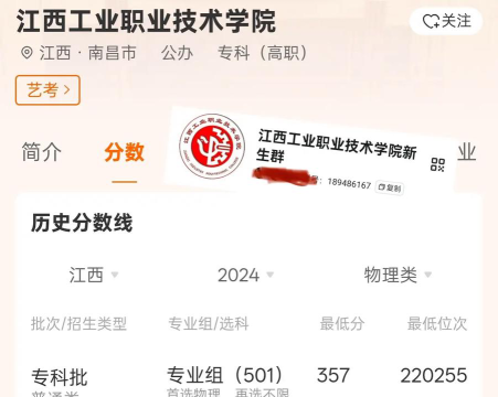 江西工业职业技术学院2024年全国各省录取分数线与位次排名汇总！含省内及省外