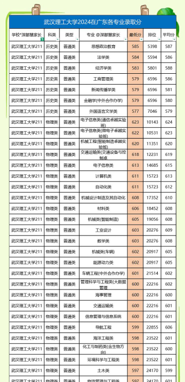 武汉理工大学2024年在广东录取分数线、对应位次