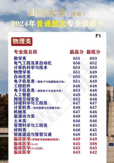山东大学2024年在重庆各专业录取分数线